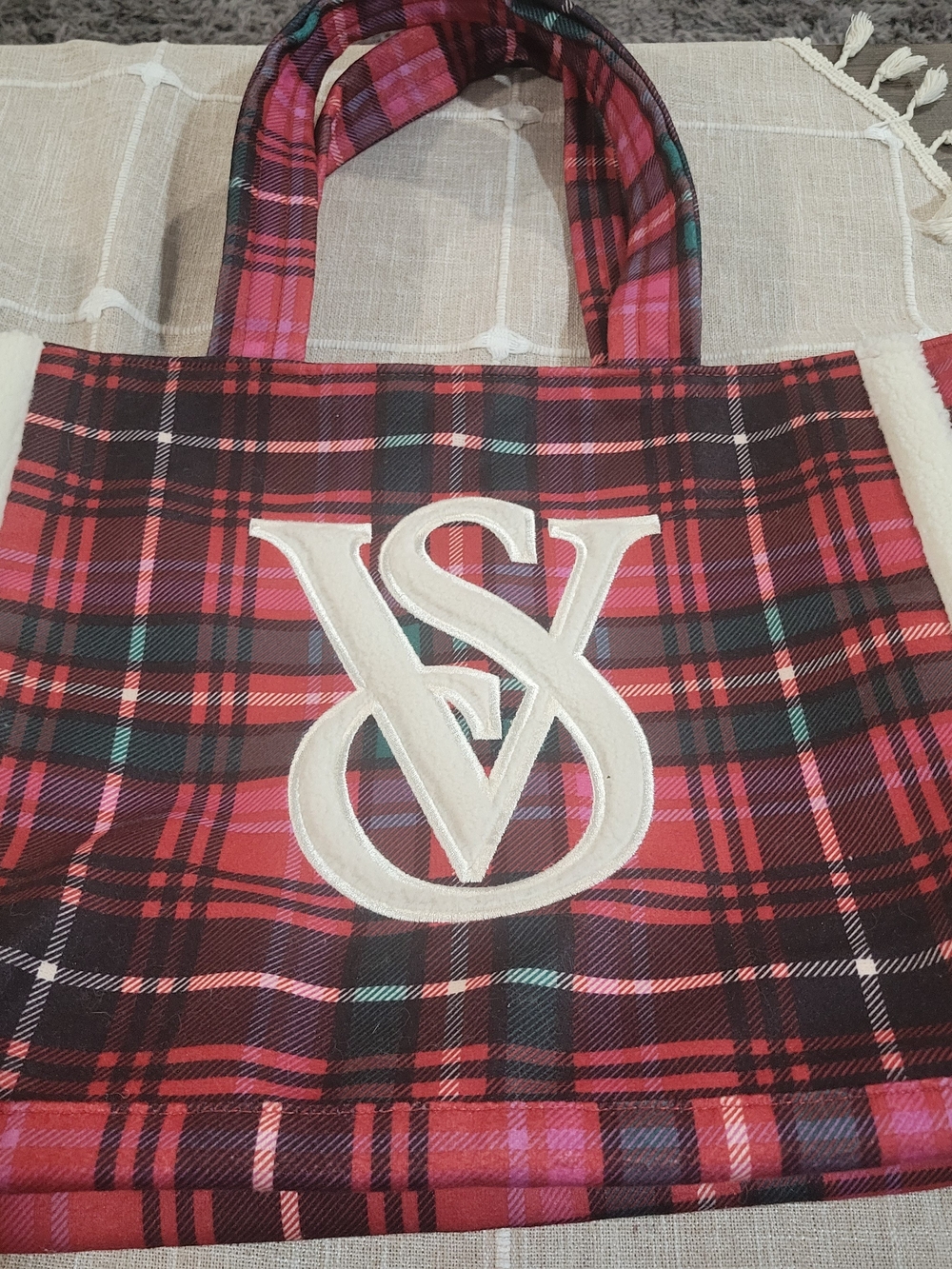 Victoria's Secret Pink and Red Plaid Tote with Cream Monogram